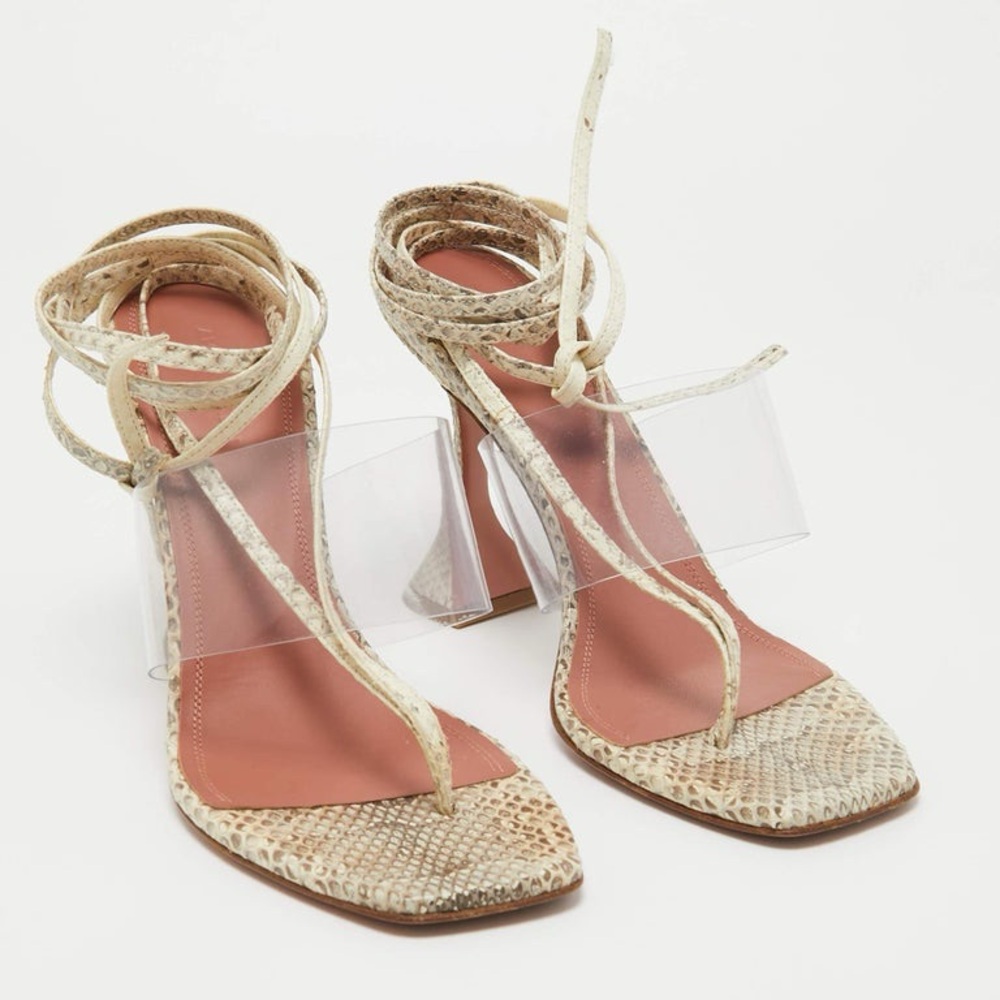 Amina Muaddi Brown/Beige Embossed Snakeskin and PVC Zula Sandals